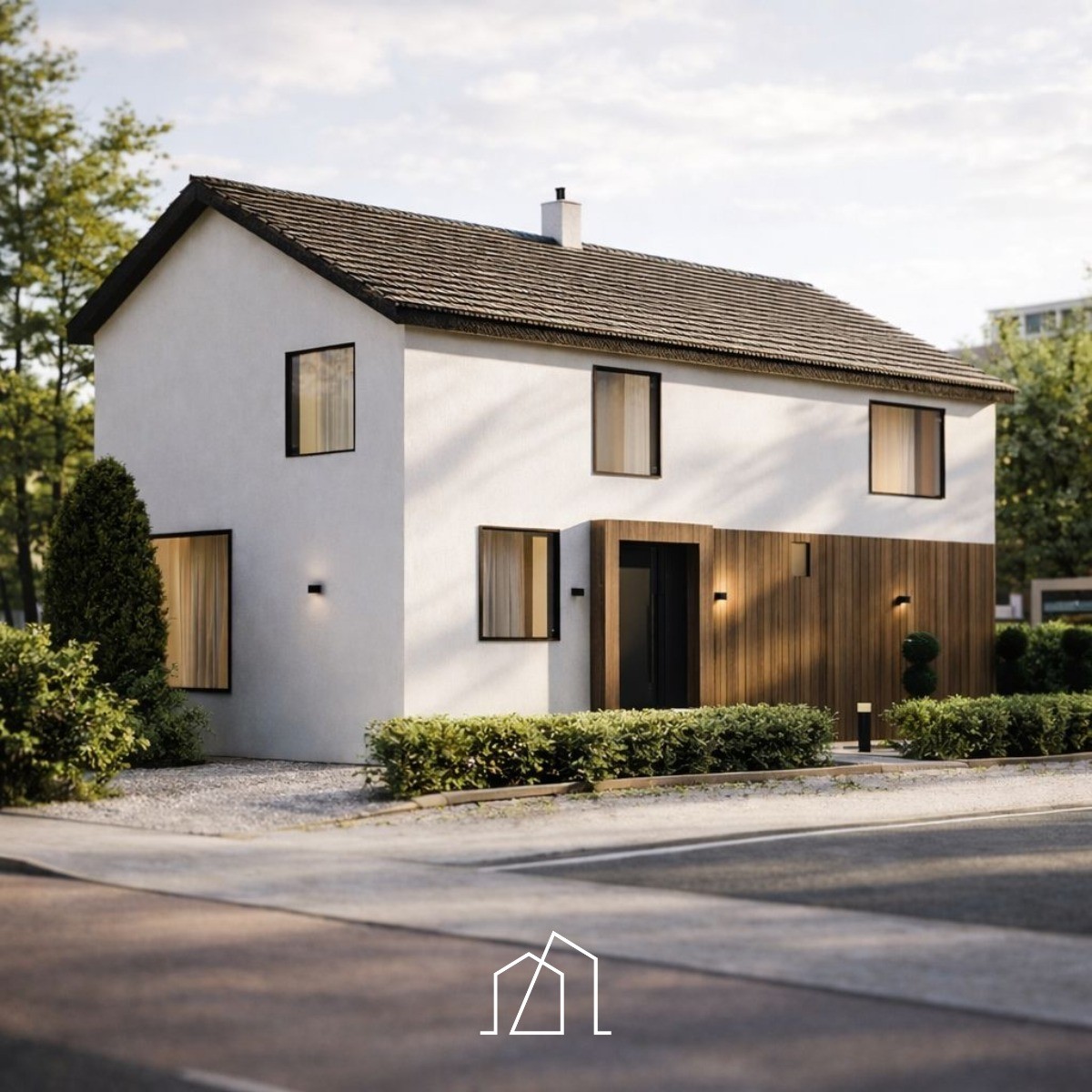 Voorgevel van de totaalrenovatie in Ede met houten gevelaccenten